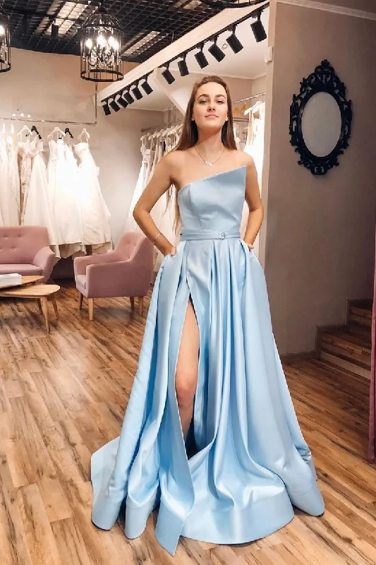Strapless Satin Light Blue Slit A Line Simple Prom Dresses With Pocktets DMP86 sweetheart Neckline Romantic