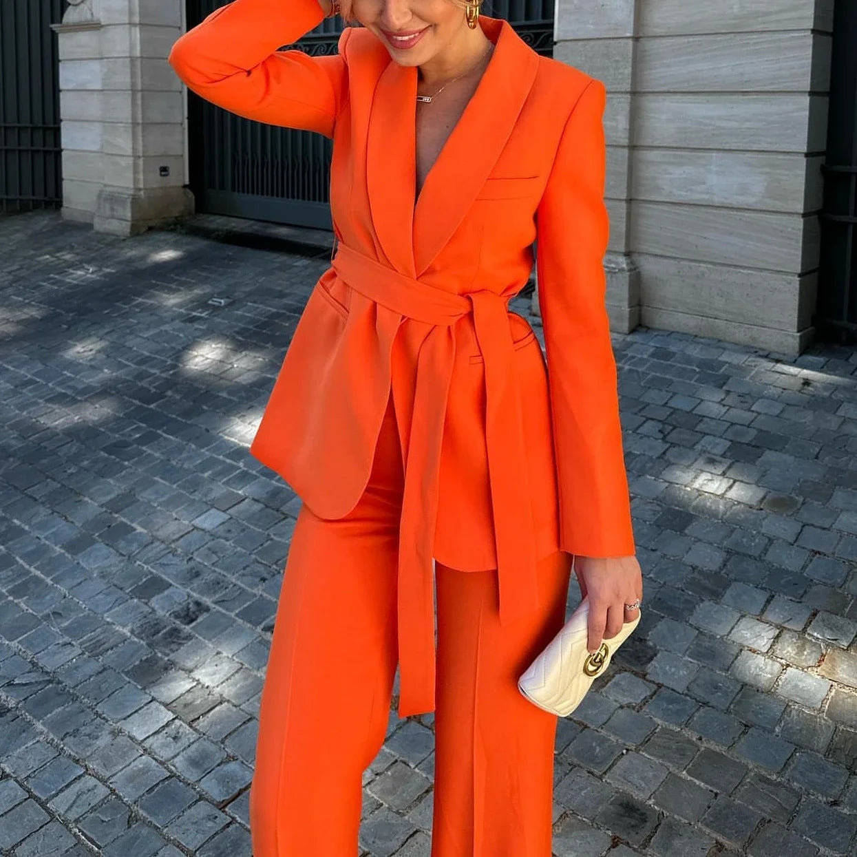 Advbridge New Fashion Blazer Loose Temperament Women's Sets High Waist Casual Solid Color Pants Set Lace Up Sets of Women 2 Pieces Elegant Stylish Paperbag Waist Pants
