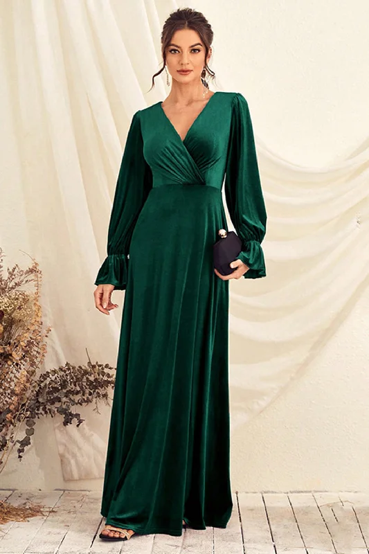 Dark Green V Neck Velvet Wrap Long Prom Dress with Long Sleeves Tunics Floral girly