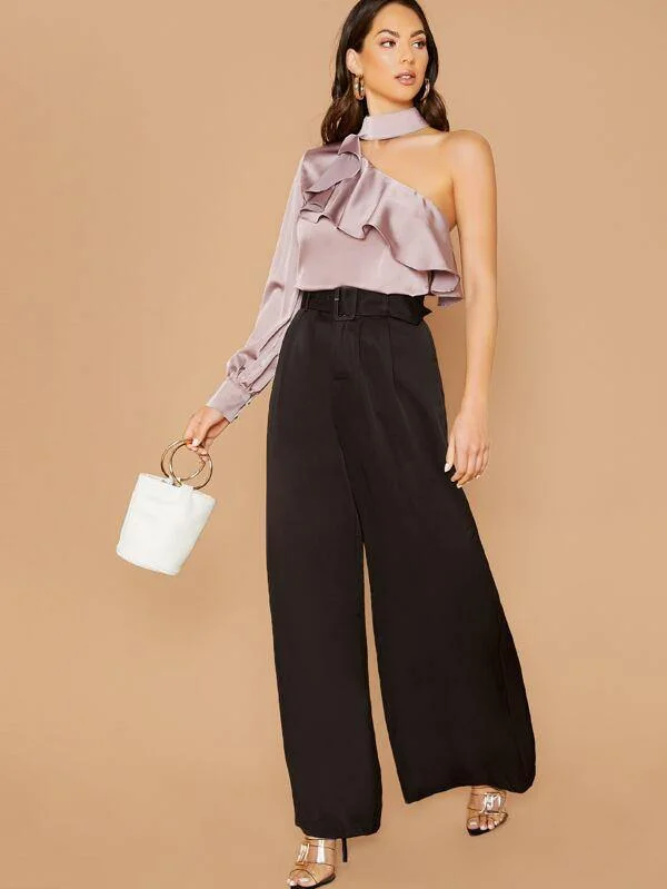 Square Buckle Belted Waist Wide Leg Pants Comfy Cargo Trousers