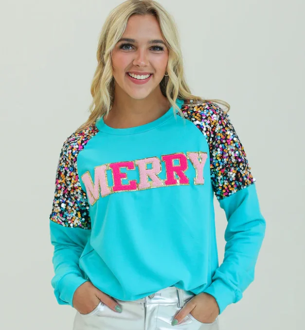 Merry Patched Turquoise Sweatshirt Hoodie with Slim Fit Tailored Modern