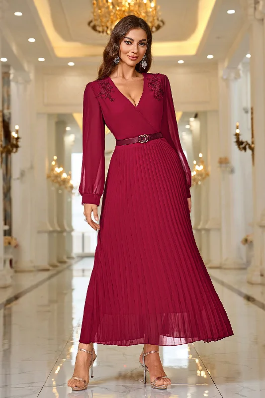 Burgundy A Line V Neck Pleated Appliques Belted Prom Dress with Long Sleeves Tunics Vintage classic