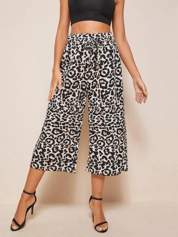 Leopard Print Capris Wide Leg Pants Comfortable Jogger Trousers