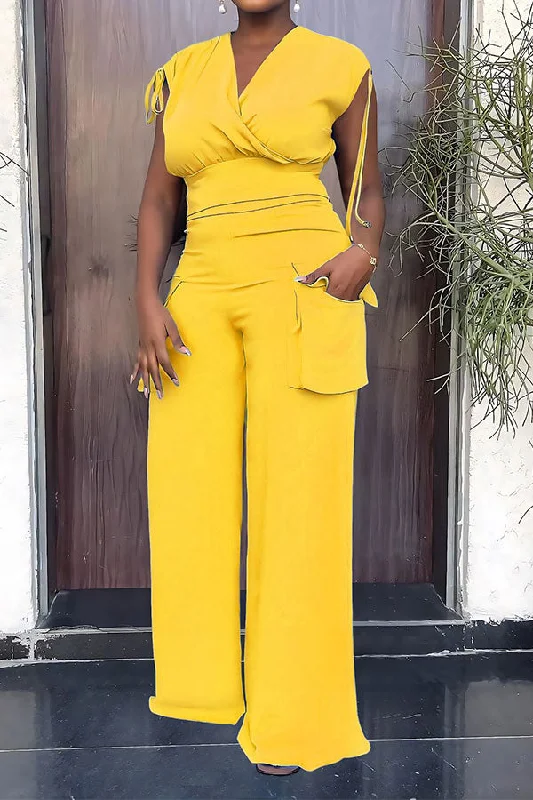 storexq Solid Color Drawstring Feminine Patch Pocket Pant Suit Trendy Palazzo Pants