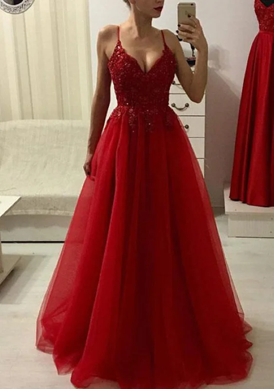 Formal A-line Sleeveless Floor-Length Tulle Evening Prom Dress, Beaded Lace