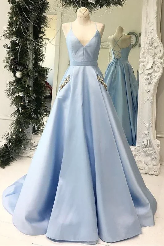 Simple Spaghetti Straps Sky Blue Satin Long Prom Dresses with Pocket DMN77 Tunics Versatile all-occasion