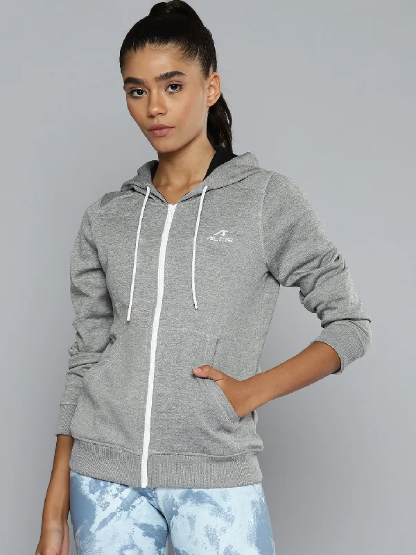 ALCIS Women Grey Melange Solid Brand Logo Embroidered Detail Hooded Sweatshirt Hoodie with Reflective Safety Nightwear
