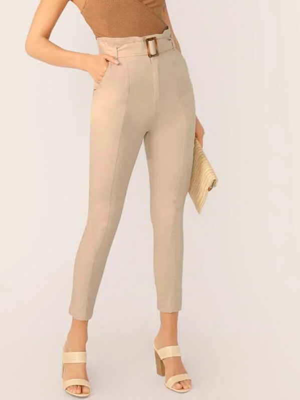 Belted High Waist Slim Fit Woven Pants Soft Cotton Pants