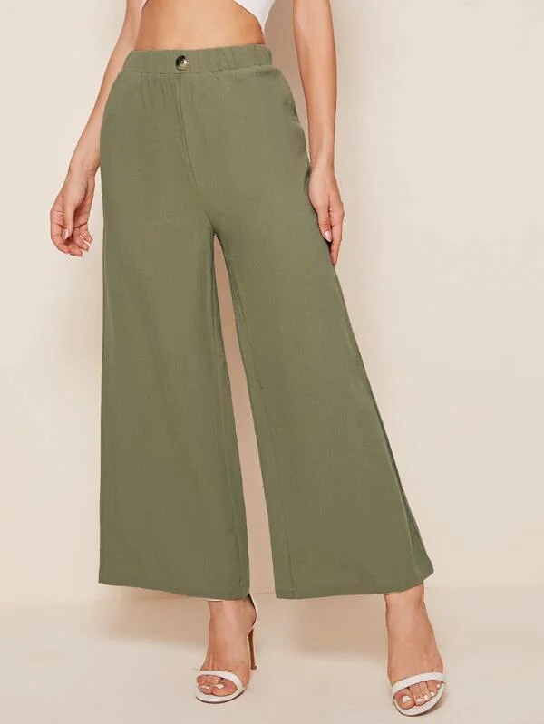 Elastic Waist Button Detail Palazzo Pants Trendy Work Pants