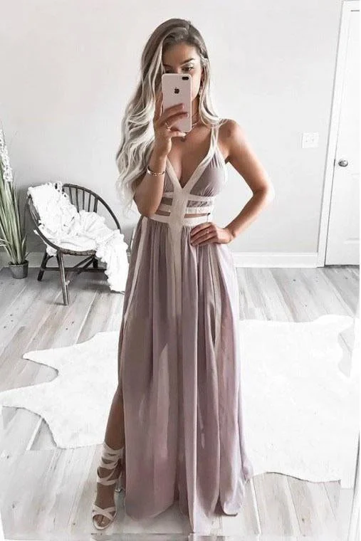 A-Line Straps Floor-Length Chiffon Pleated Prom Dress with Split DMR1 Tunics Practical easy-care