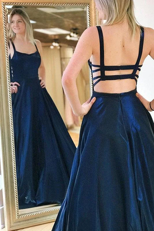 A Line Spaghetti Straps Sweep Train Drak Navy Prom Dress With Pocktes DMQ56 Tunics Party sparkling