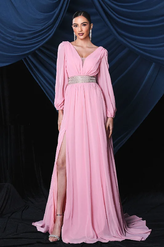 Pink Chiffon Long Sleeves Prom Dress With Slit Tunics Review highly