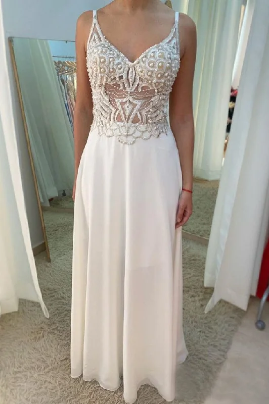 Ivory Chiffon See Through A Line V Neck Prom Dresses With Beading DMS83 Tunics Trendy modern