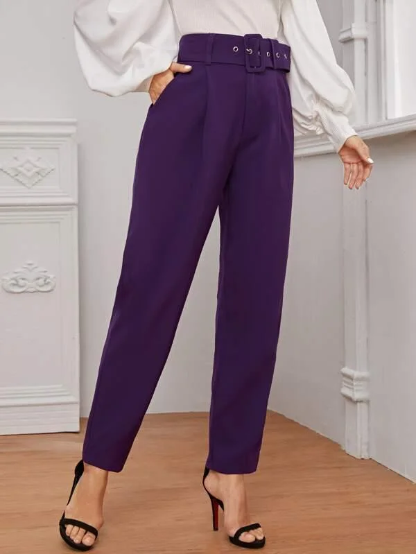 Fold Pleated Slant Pocket Belted Pants Fashionable Button-Up Pants