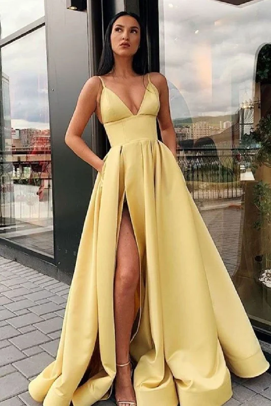 Charming A Line Spaghetti Straps Yellow Prom Dresses with Split Front DMQ86 Tunics Satin smooth