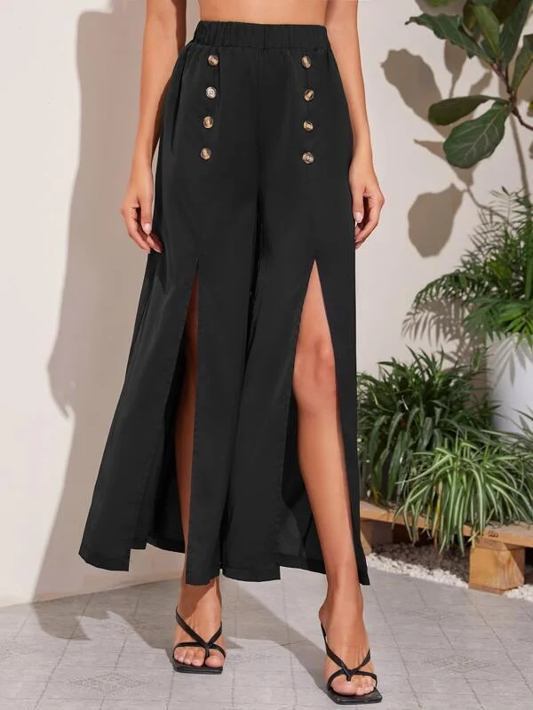 Double Breasted Split Hem Pants Relaxed Fit Trousers