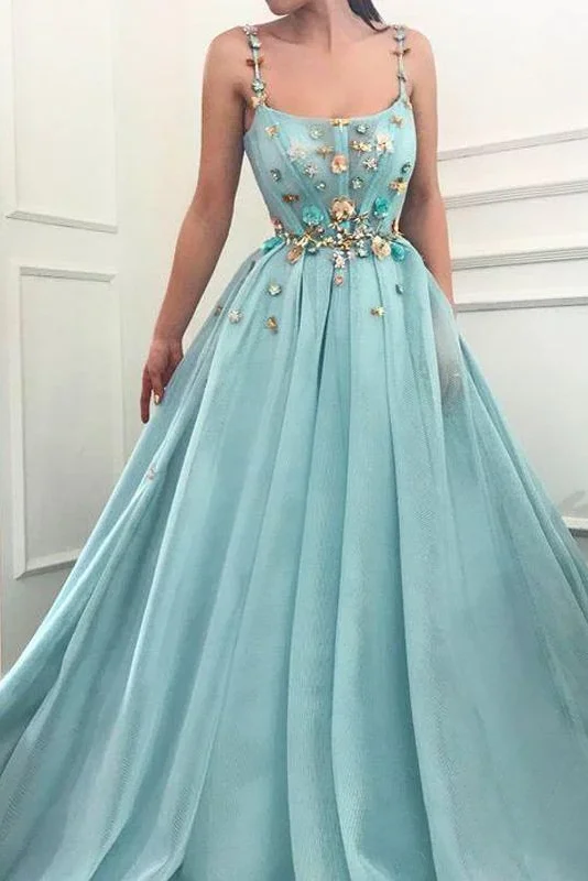 A-line Spaghetti Straps Flowers Long Prom Dresses Tulle Evening Dress DMT6 Tunics Plaid country