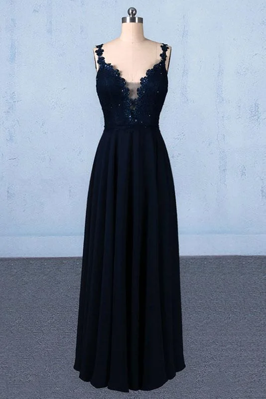 Navy Blue Chiffon V Neck A Line Long Prom Dresses With Lace Top DMQ21 Crew Neckline Sporty
