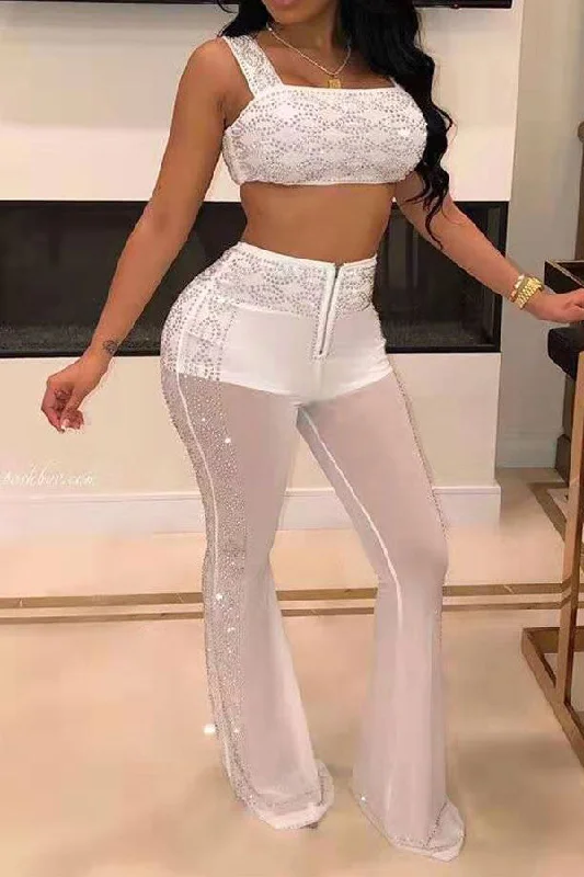storexq Rhinestone Patchwork Hot See-Through Pant Suit Comfortable Wide-Leg Pants