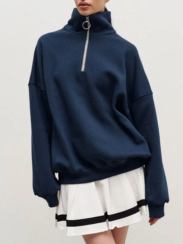 Lapel SolidColor Half Zip Sweatshirt Oversized Hoodie Comfort Casual