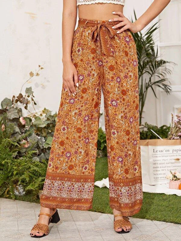 Floral & Tribal Print Belted Wide Leg Pants Casual Drawstring Pants