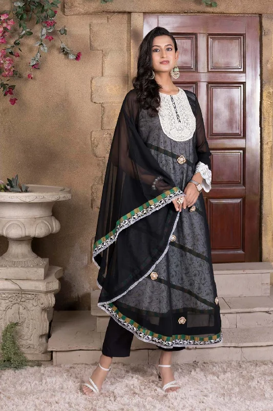 Black Embroidered Georgette Asymmetrical Kurta Pants Set Elegant Silk Pants