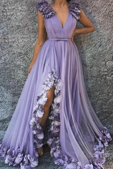 A Line V Neck Long Flowers Rushed Prom Dresses With Silt Evening Dresses DMR47 Tunics Luxurious high-end