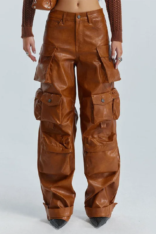 storexq Solid Color Punk Multi Pocket PU Pants Classic Stretch Pants