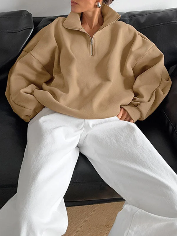 Solid Color Drop Shoulder Stand Collar Sweatshirt Zip Hoodie Drawstring Kangaroo Pocket