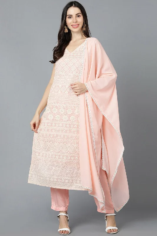 Peach Poly Georgette Straight Kurta Pant With Dupatta Set