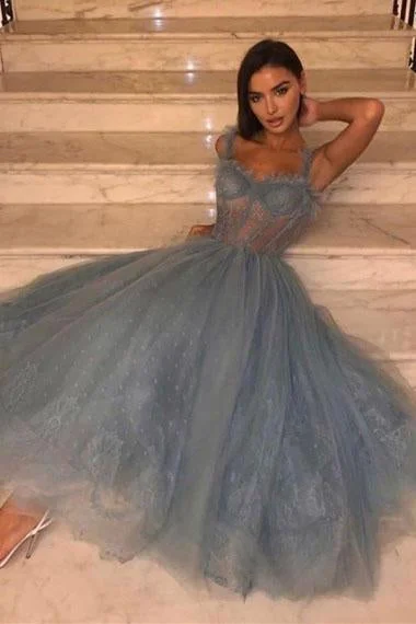 A Line Spaghetti Straps Tea Length Dusty Blue Tulle Prom Dress DMS69 Tunics Spring floral