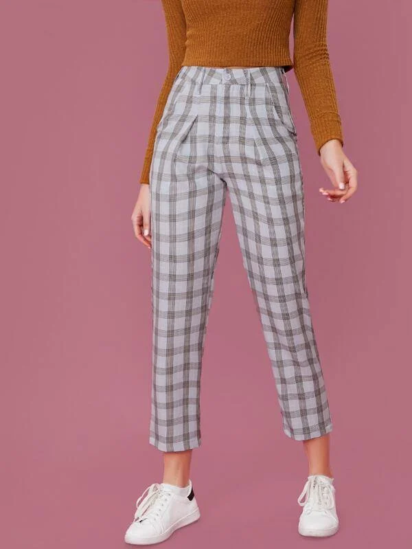 Checked Plaid Straight Leg Pants Comfortable Denim Trousers