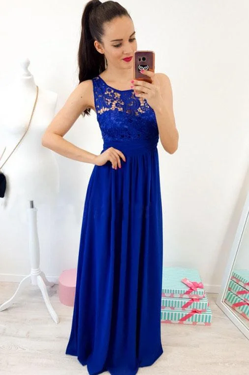 A-Line Round Neck Floor-Length Royal Blue Prom Dress with Lace Pleats DMR4 Tunics Stylish modern