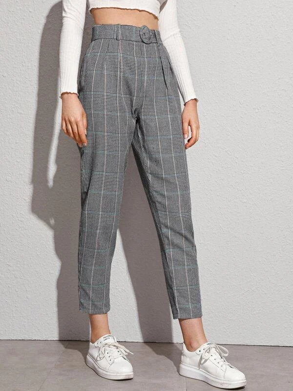 Buckle Belted Glen Plaid Pants Trendy Printed Leggings