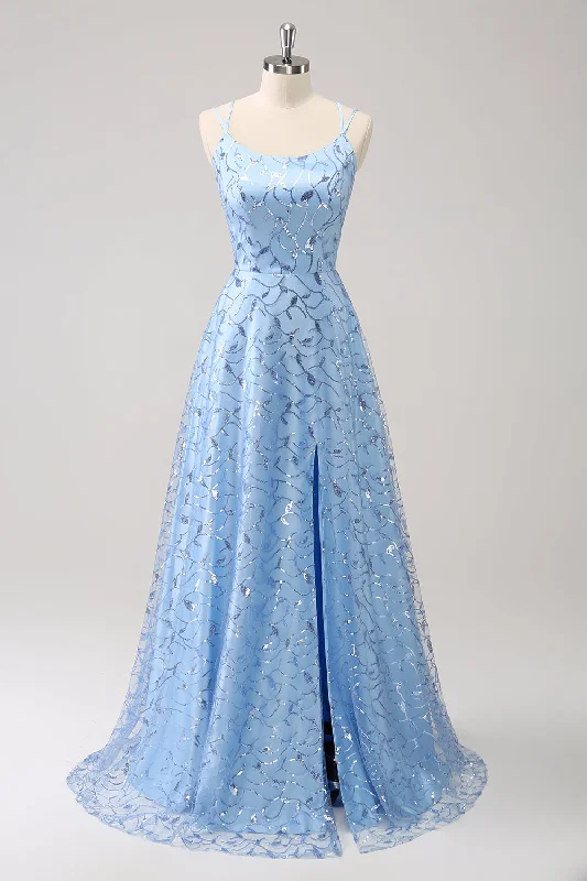 Sparkly Blue Spaghetti Straps Sequins Lace Up Back Prom Dress with Slit Tunics Running lightweight