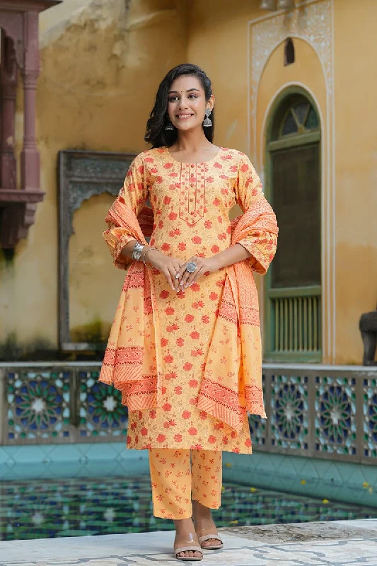 Orange Cotton Straight Kurta Pant With Dupatta