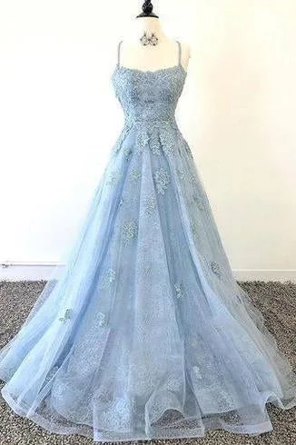 Lace Appliques Sky Blue Prom Dress with Criss Cross Back DMP13 Tunics Trousers formal