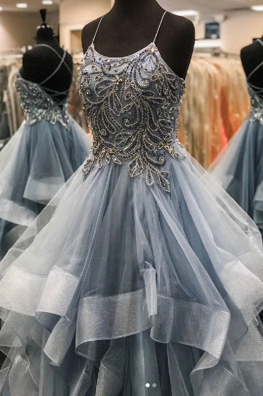 Gray Tulle Beads Long Prom Dress A Line Formal Evening Dresses DMQ33 Tunics Long Elegant