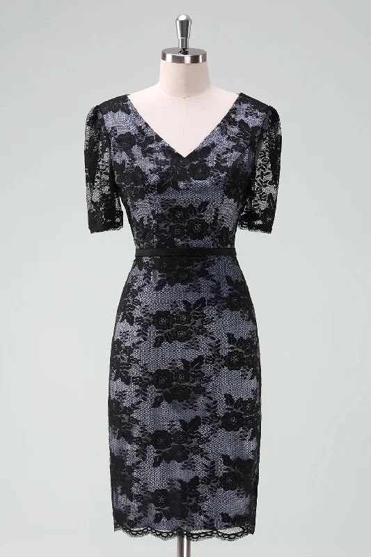 Black V-Neck Lace Sheath Midi Mother of Bride Dress with Short Sleeves Tunics Silk luxurious