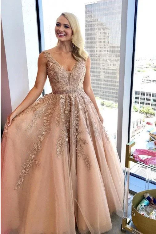 A-Line V-Neck Floor-Length Prom Dress with Appliques Beading DMQ88 Tunics Fashionable chic