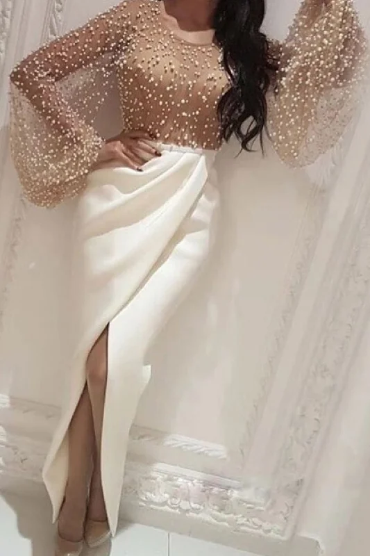 White Round Neck Beads Mermaid Long Prom Dress With Pearls Evening Dress DMQ40 Tunics Print Colorful