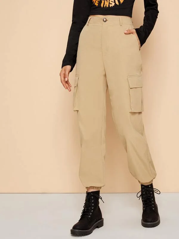 Solid Side Flap Pocket Cargo Pants Elegant Trouser Pants