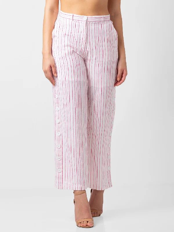 Spykar Women Pink Cotton Blend Bootcut Fit Ankle Length Striped Pants Comfortable Denim Trousers