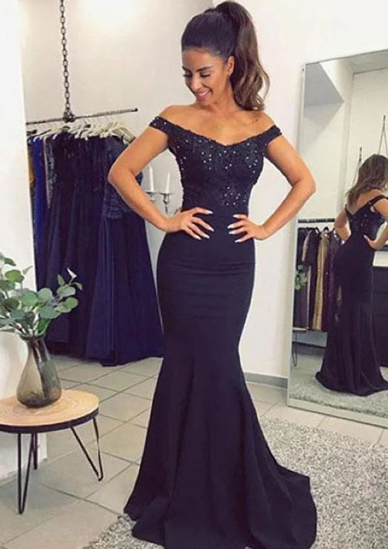 Formal Mermaid Navy Satin Off Shoulder Fishtail Evening Gown Prom Dress, Lace