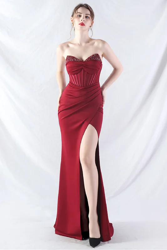Sparkly Burgundy Beaded Corset Long Prom Dress with Slit Tunics Sophisticated sleek