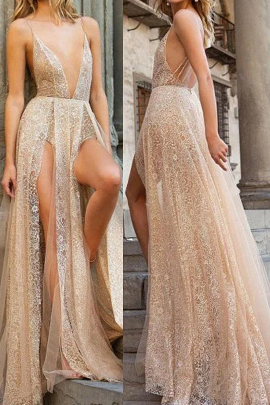 Sexy Lace Spaghetti Straps Backless Long Prom Dress DMP67 Tunics Canvas sturdy