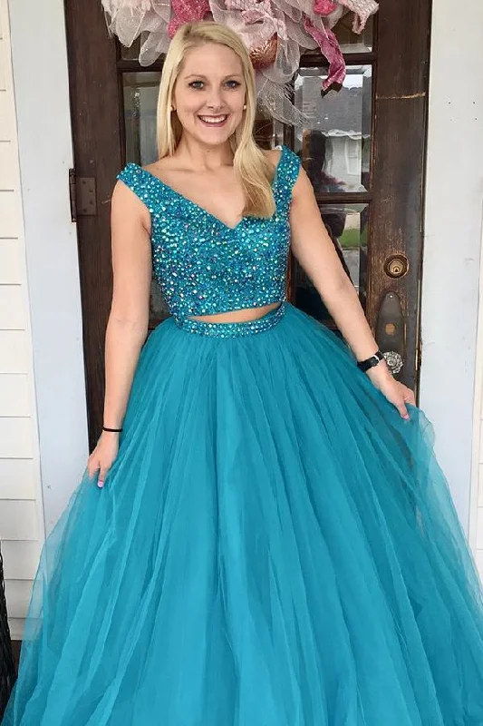 Two Piece Turquoise Beaded A Line Tulle Prom Dress DML2 Tunics Bestseller popular