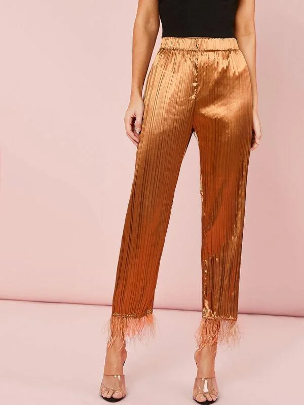Faux Feather Hem Pleated Satin Pants Comfy High-Waist Jeans