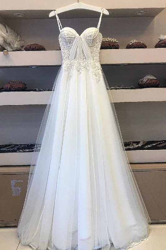 White Spaghetti Straps Tulle Lace Appliques Long Prom Dress Evening Dress DMS64 Tunics Essential wardrobe