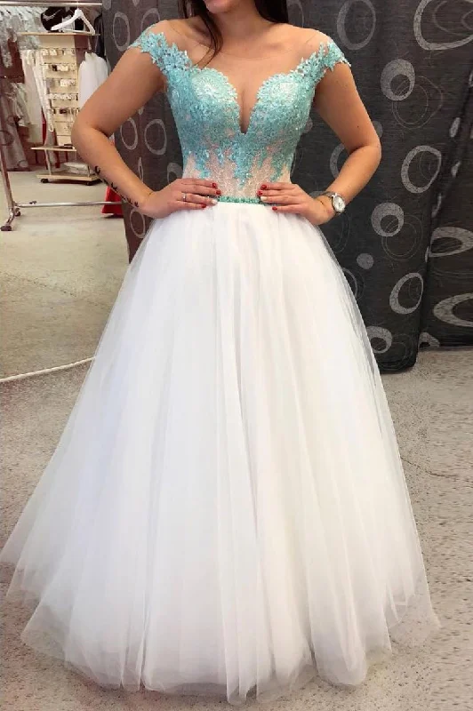 Off White Tulle Lace Appliques Long Prom Dress A Line Evening Dress DMS622 Tunics Exclusive limited